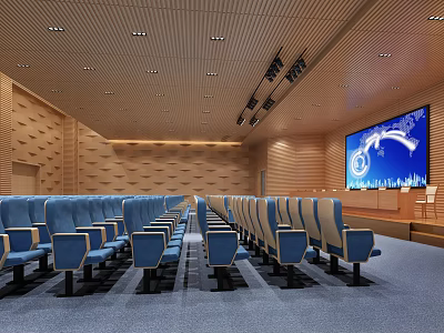 Modern Conference Room With Neatly Arranged Blue Seats Large Screen And Wooden Walls 3d model