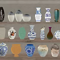 Ceramic Vessels on Multiple Shelves with Various Colors and Different Shapes