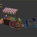 Vintage Wooden Stall With Red White Striped Awning Barrel Cart And Fruits