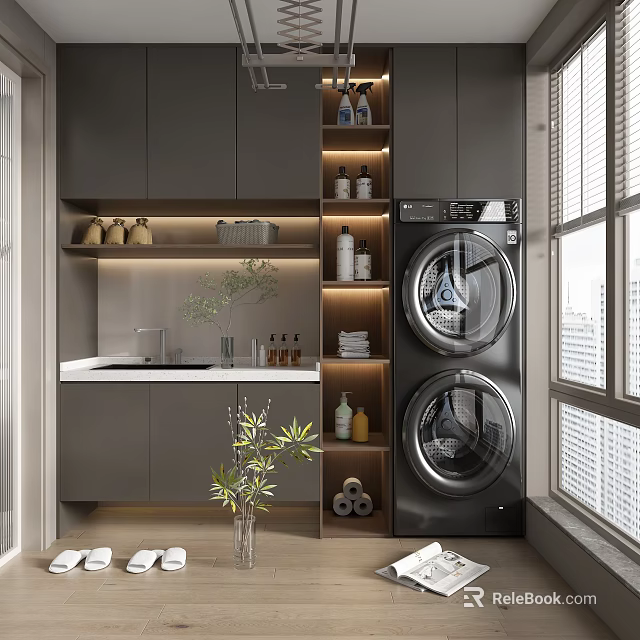 Home Balcony Design With Grey Cabinets Washing Machine Dryer Set Open Shelves And Plants 3d model 