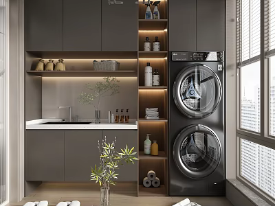 Home Balcony Design With Grey Cabinets Washing Machine Dryer Set Open Shelves And Plants 3d model