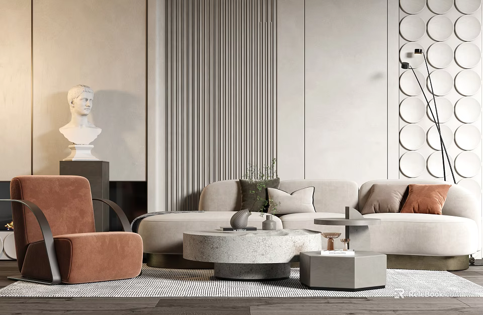 Modern Sofa Coffee Table Set With Light Colored Sofa Brown Armchair And Decorative Elements 3d model