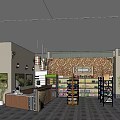 Modern Specialty Store Interior with Shelves Products Checkout Counter Stone Wall and Plants