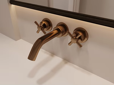 Brass Two Handle Wall Mounted Faucet in Bathroom with White Countertop and Illuminated Background 3d model