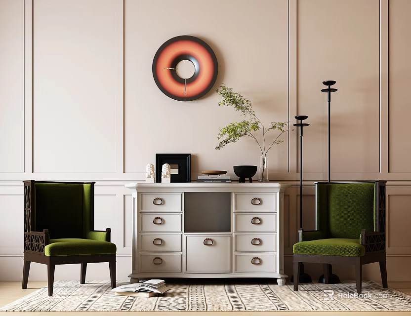 Elegant White Entryway Console Table with Drawers Green Chairs Round Mirror Lamp and Striped Rug 3d model 