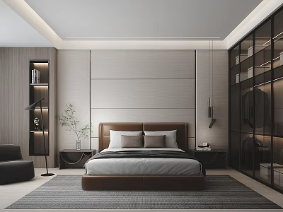 Modern Bedroom Interior With Comfortable Bed Glass Wardrobe Nightstand Decorative Plant And Soft Lighting 3d model