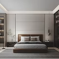 Modern Bedroom Interior With Comfortable Bed Glass Wardrobe Nightstand Decorative Plant And Soft Lighting