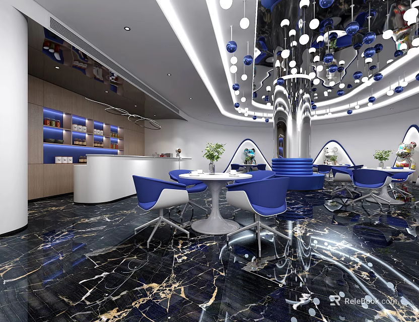 Modern Café Interior With Blue Chairs Round Tables Hanging Lights And Marble Floor 3d model 