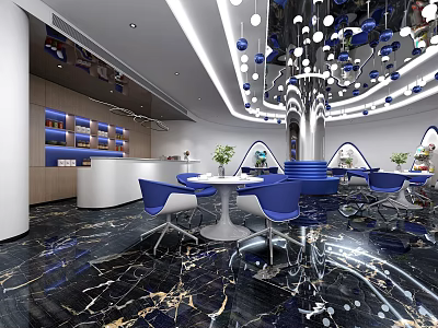 Modern Café Interior With Blue Chairs Round Tables Hanging Lights And Marble Floor 3d model