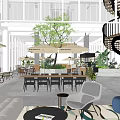 Shopping Mall Lobby Interior With Spiral Staircase Green Plants Outdoor Seating And Umbrellas
