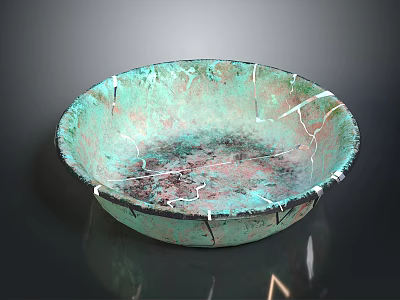Handcrafted Copper Bowl Shaped Sculpture With Green Patina And Cracked Surface 3d model
