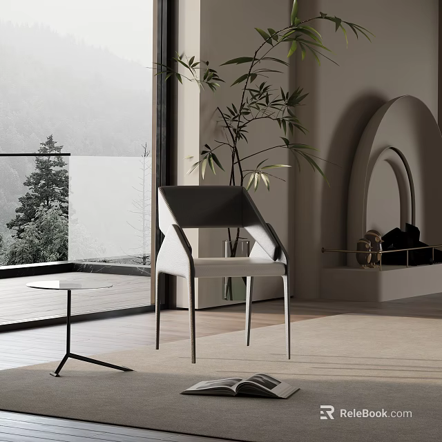 Modern Leisure Chair With Side Table Plant And Large Window Overlooking Natural Mountain View 3d model 