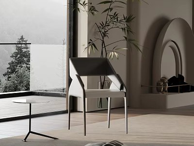 Modern Leisure Chair With Side Table Plant And Large Window Overlooking Natural Mountain View 3d model