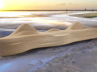 Wavy Wooden Public Chair at Beach During Sunset with Natural Design 3d model