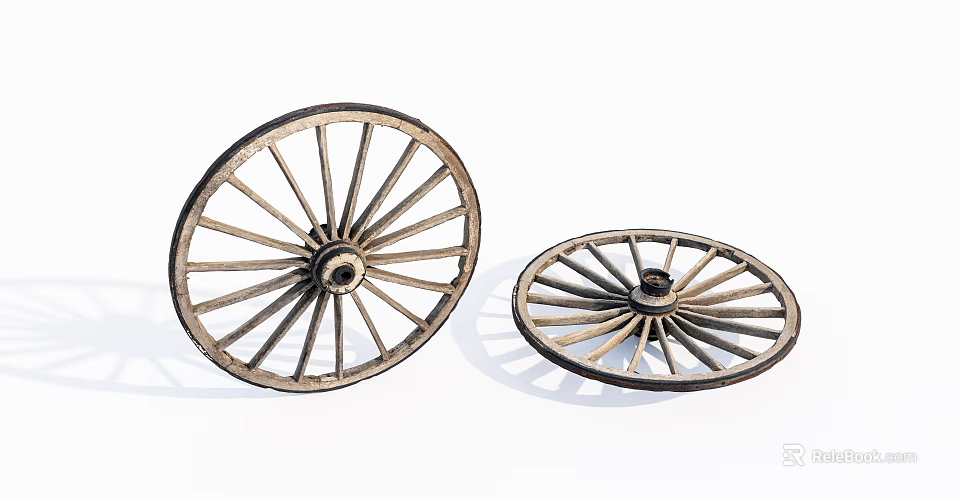 Two Vintage Wooden Wheels With Classic Spokes And Retro Design Structure 3d model 