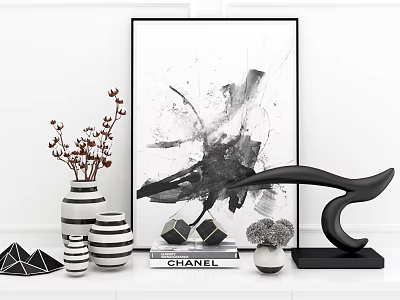 Modern Decorative Ornament Set With Black White Abstract Painting Geometric Vases Chanel Box Curved Sculpture 3d model