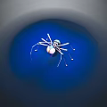 Modern Chandelier with Multiple Metal Arms Small Lights and Central Circular Glow on Blue Background