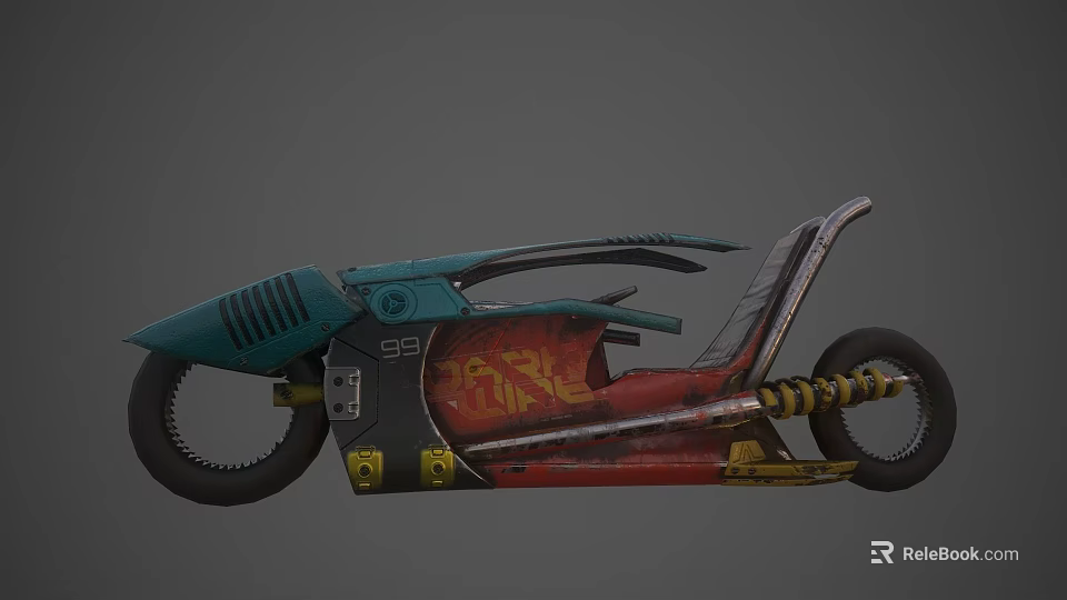 Teal And Red Cyberpunk Motorcycle With Streamlined Body Graffiti Patterns And Yellow Accents 3d model 