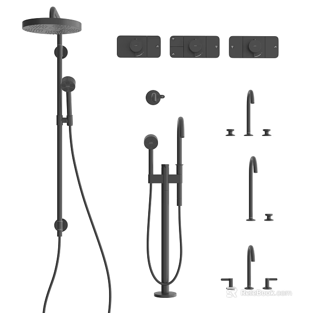 Modern Black Shower System With Handheld Fixed Heads And Control Knobs 3d model