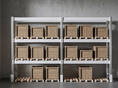 Metal Storage Shelving Unit With Multi Tiered Design And Wooden Crates On Pallets 3d model