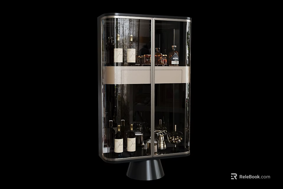 Modern Wine Cabinet With Glass Doors Black Base And Displayed Wine Bottles 3d model 