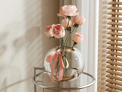 Transparent Glass Vase With Pink Roses And Ribbon On Metal Side Table By Window With Natural Light 3d model