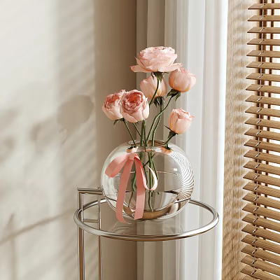 Transparent Glass Vase With Pink Roses And Ribbon On Metal Side Table By Window With Natural Light 3d model