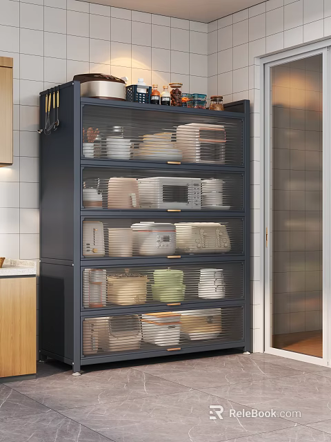 Modern Tall Side Cabinet With Transparent Doors For Storing Various Kitchen Small Appliances And Tableware 3d model 