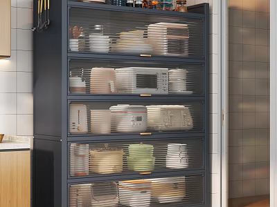 Modern Tall Side Cabinet With Transparent Doors For Storing Various Kitchen Small Appliances And Tableware 3d model