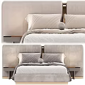 Modern Double Bed With Textured Upholstered Headboard Plush Pillows Throw Blanket And Nightstand
