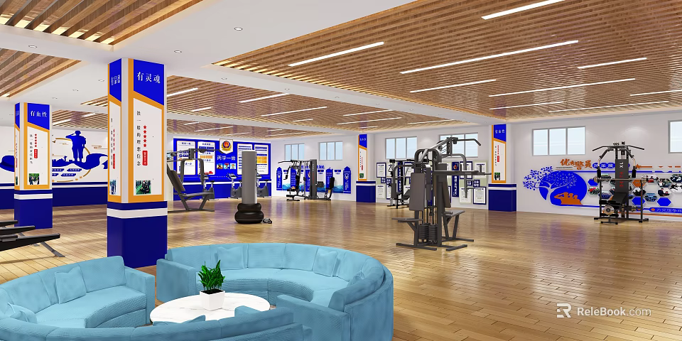 Modern Fitness Gym Interior With Blue White Decor Workout Equipment And Rest Area 3d model 