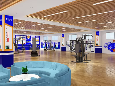 Modern Fitness Gym Interior With Blue White Decor Workout Equipment And Rest Area 3d model