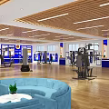Modern Fitness Gym Interior With Blue White Decor Workout Equipment And Rest Area