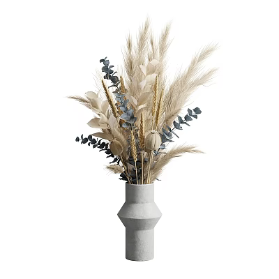 Decorative Ornament Set With Dried Flower Bouquet And Gray Minimalist Vase 3d model