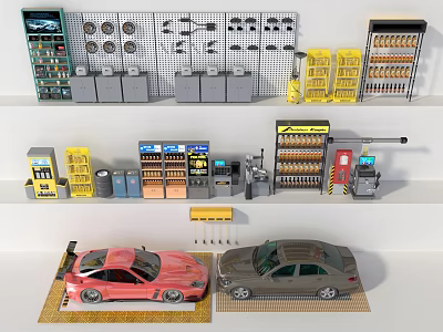 Car Repair Shop Setup With Two Cars Tool Racks Shelves And Fuel Dispenser 3d model