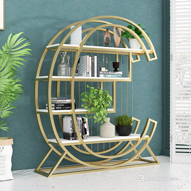 Modern Golden Circular Storage Shelf With White Shelves Plants Books And Decorations 3d model 