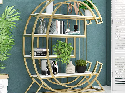 Modern Golden Circular Storage Shelf With White Shelves Plants Books And Decorations 3d model