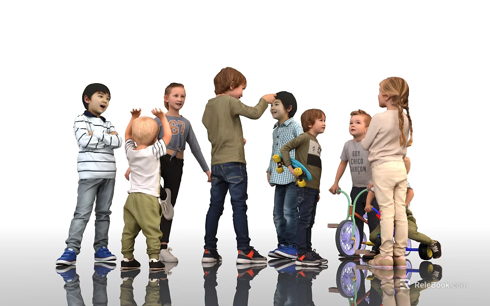 Group of Kids Playing Together with Tricycle Standing in Circle and Interacting 3d model 