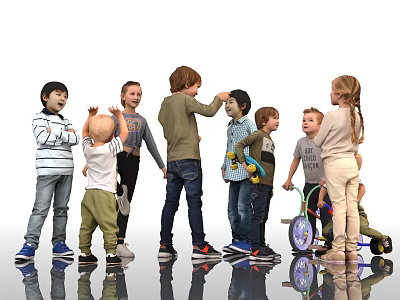 Group of Kids Playing Together with Tricycle Standing in Circle and Interacting 3d model