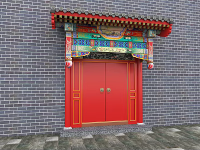 Traditional Chinese Ancient Building Featuring Red Double Doors Colorful Decorations And Gray Brick Wall 3d model
