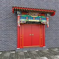 Traditional Chinese Ancient Building Featuring Red Double Doors Colorful Decorations And Gray Brick Wall