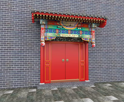 Traditional Chinese Ancient Building Featuring Red Double Doors Colorful Decorations And Gray Brick Wall 3d model