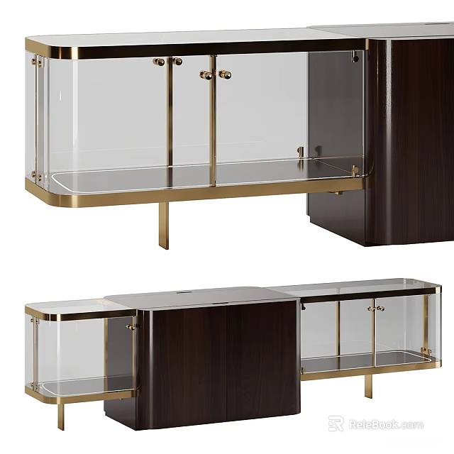 Modern TV Stand with Glass Doors Brass Legs and Dark Wood Cabinetry 3d model 