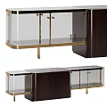 Modern TV Stand with Glass Doors Brass Legs and Dark Wood Cabinetry