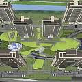 Modern Residential Landscape With Tall Buildings Lush Trees And Paved Walkway