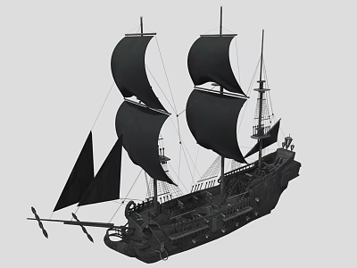 Sailing Ship With Black Sails Multiple Masts And Vintage Wooden Structure 3d model