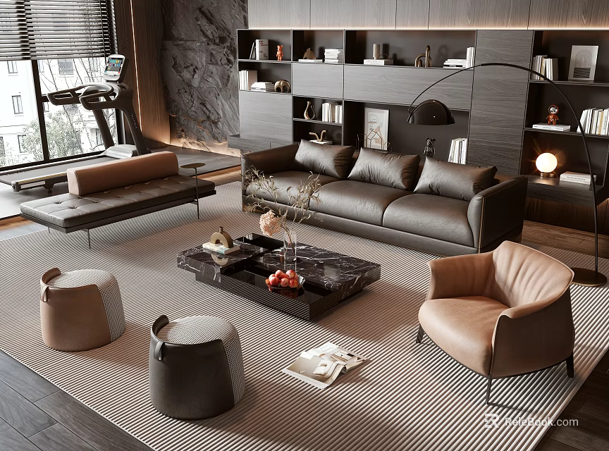Elegant Modern Living Room Interior With Leather Sofa Marble Coffee Table Armchair Stools And Rug 3d model 