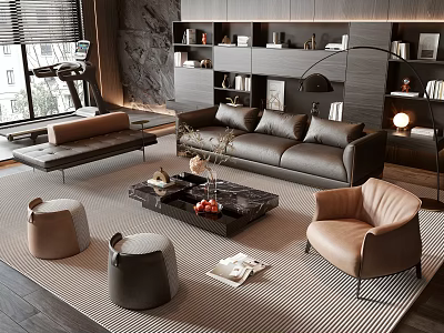 Elegant Modern Living Room Interior With Leather Sofa Marble Coffee Table Armchair Stools And Rug 3d model