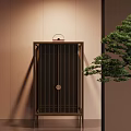 Modern Chinese Entryway Side Cabinet With Slatted Doors Beige Wall And Green Pine Tree
