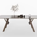 Modern Wooden Dining Table With X Shaped Legs Vase Plate And Glass Decorations